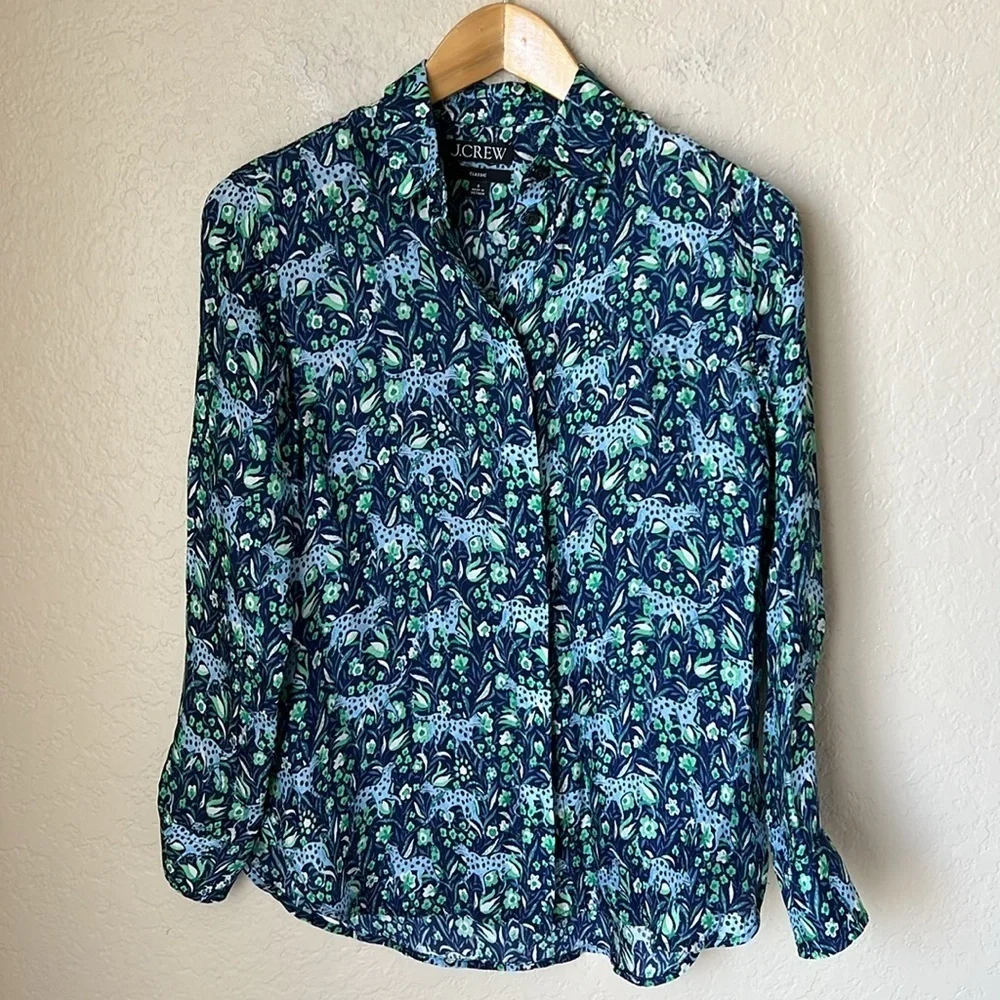 J. Crew blue and green floral leopard button down blouse